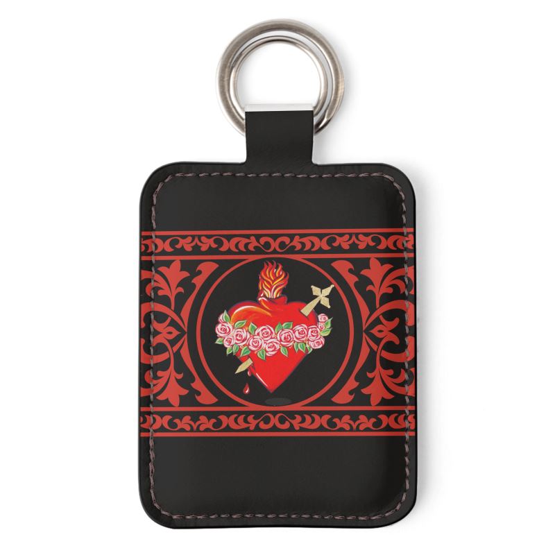 Sacred Heart Genuine Leather Keyring - Red and Black