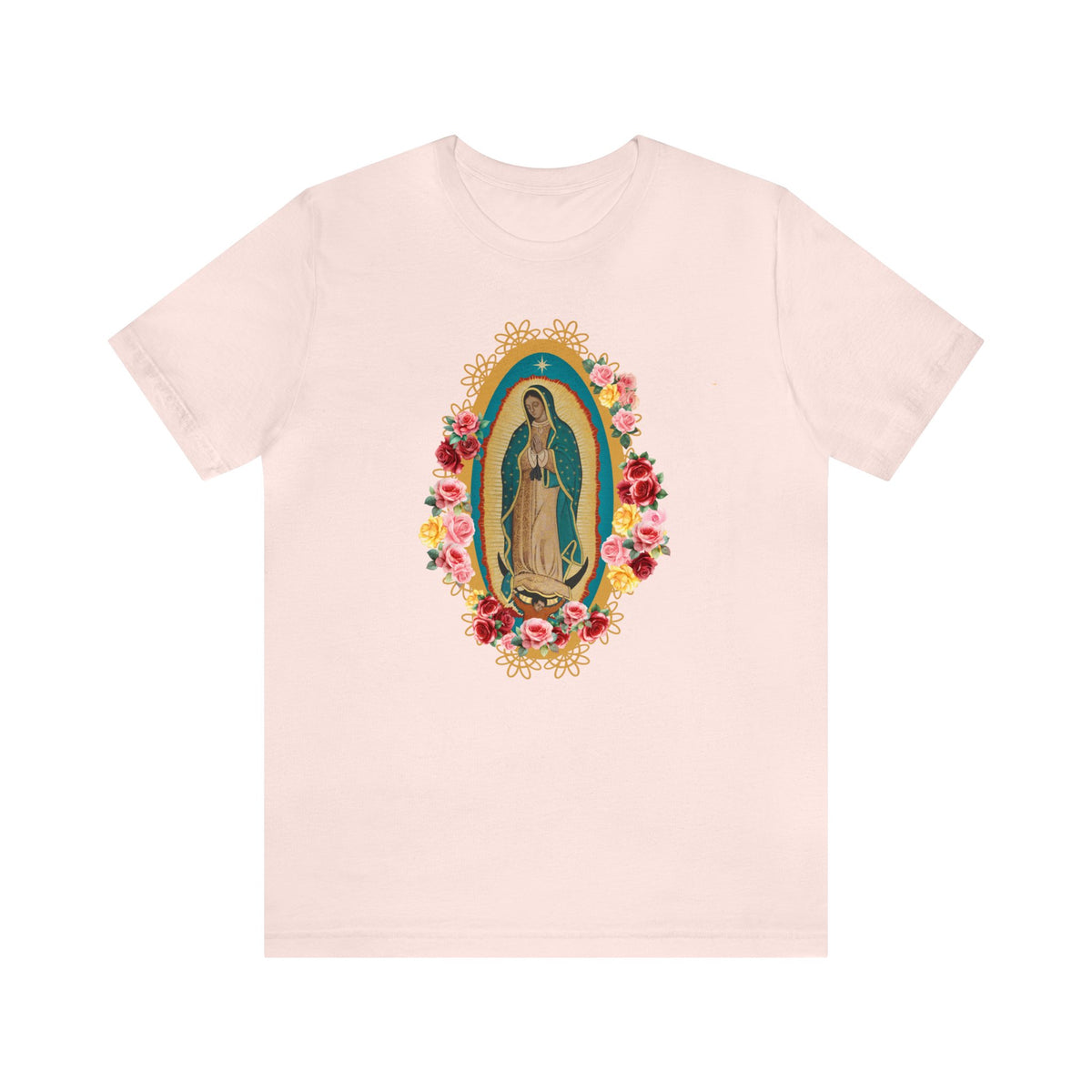 Our Lady of Guadalupe with roses Unisex Jersey Short Sleeve Tee