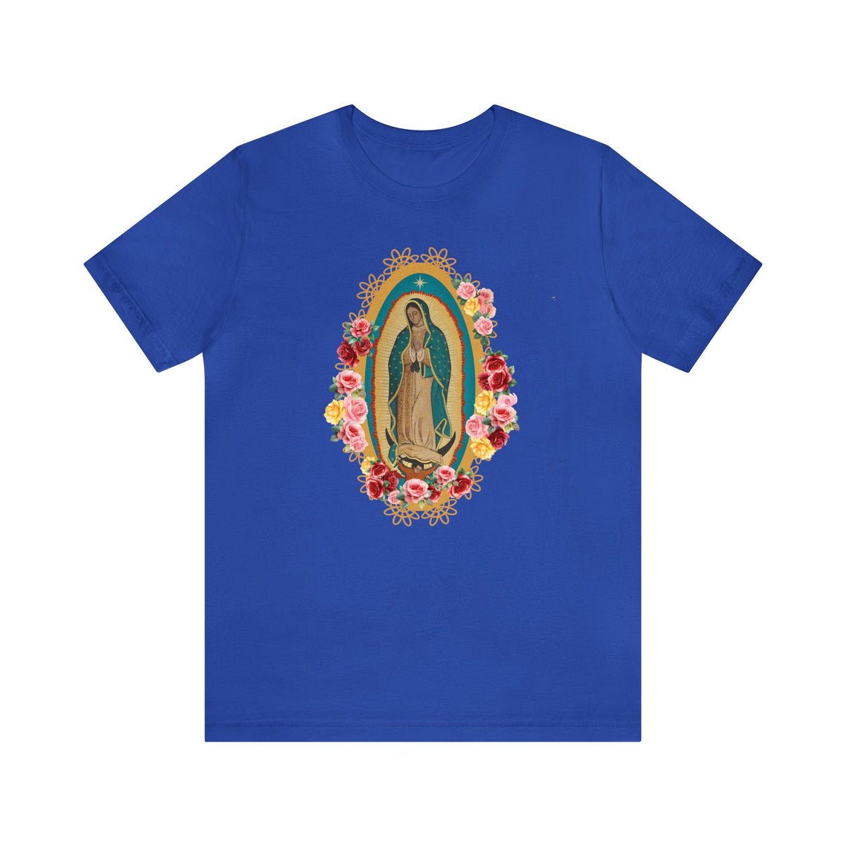 Our Lady of Guadalupe with roses Unisex Jersey Short Sleeve Tee