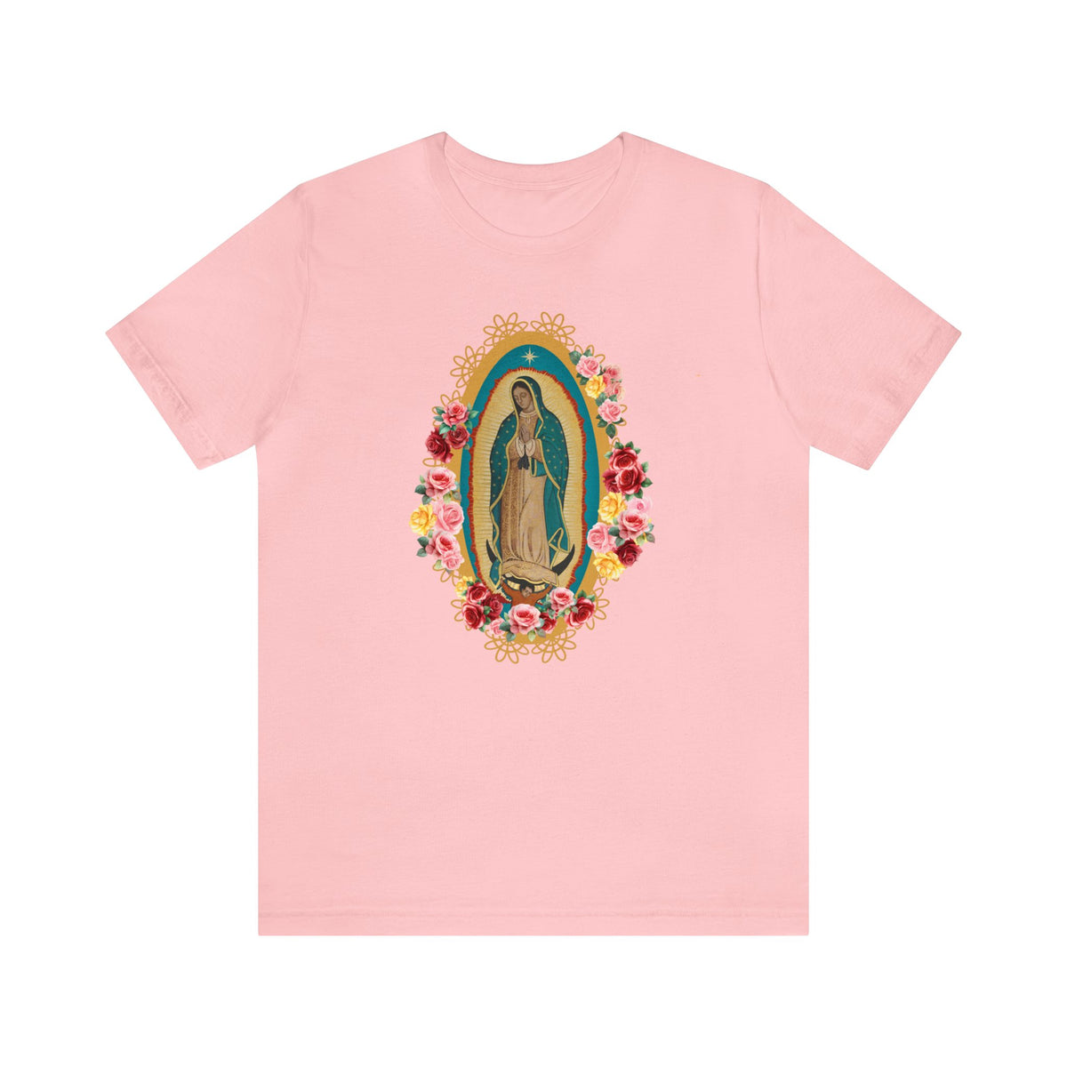 Our Lady of Guadalupe with roses Unisex Jersey Short Sleeve Tee