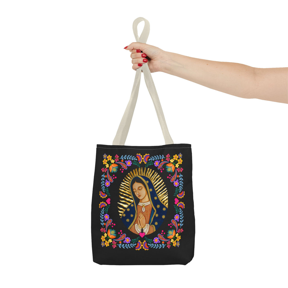 Vibrant Our Lady of Guadalupe Tote Bag for Faith and Inspiration, Prayer Bag, Religious Gift, Boho Floral Design, Eco-Friendly Shopping