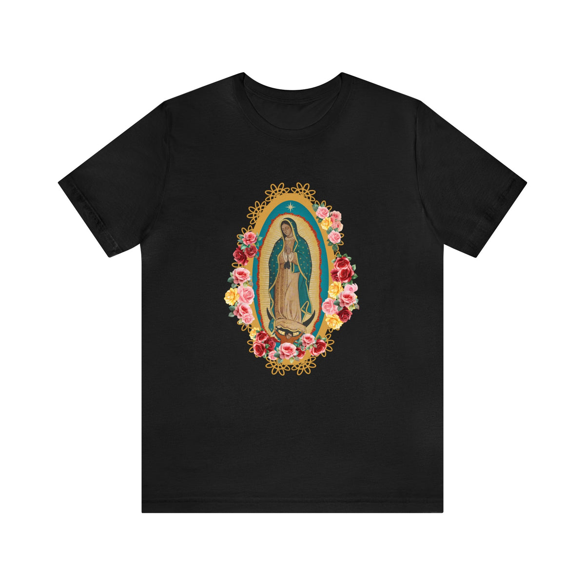 Our Lady of Guadalupe with roses Unisex Jersey Short Sleeve Tee