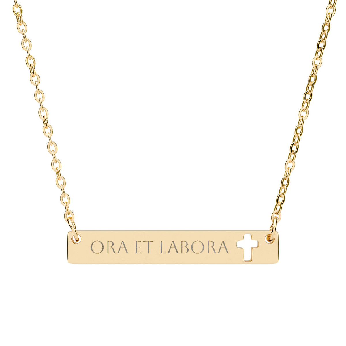 &quot;Ora et labora&quot; Engraved Cutout Cross Bar Necklace