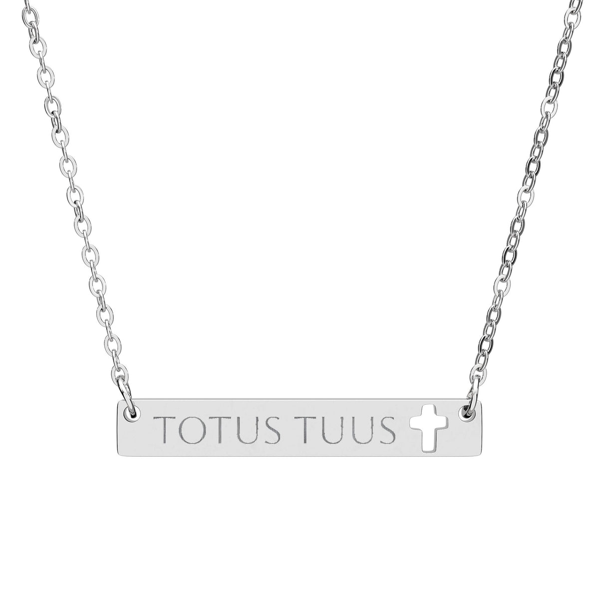 Totus Tuus Engraved Cutout Cross Bar Necklace