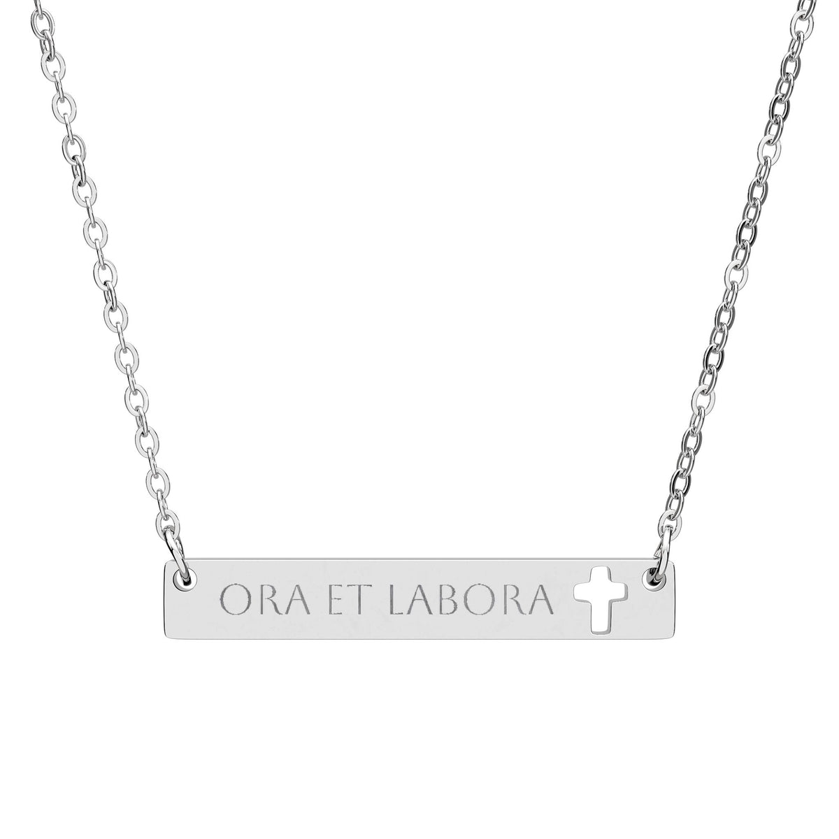 &quot;Ora et labora&quot; Engraved Cutout Cross Bar Necklace