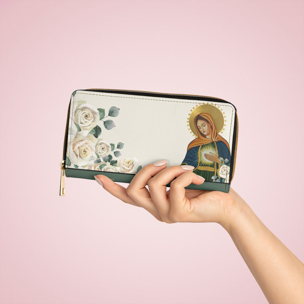 Flame of Love Elegant Floral Zipper Wallet with Sacred Heart Design