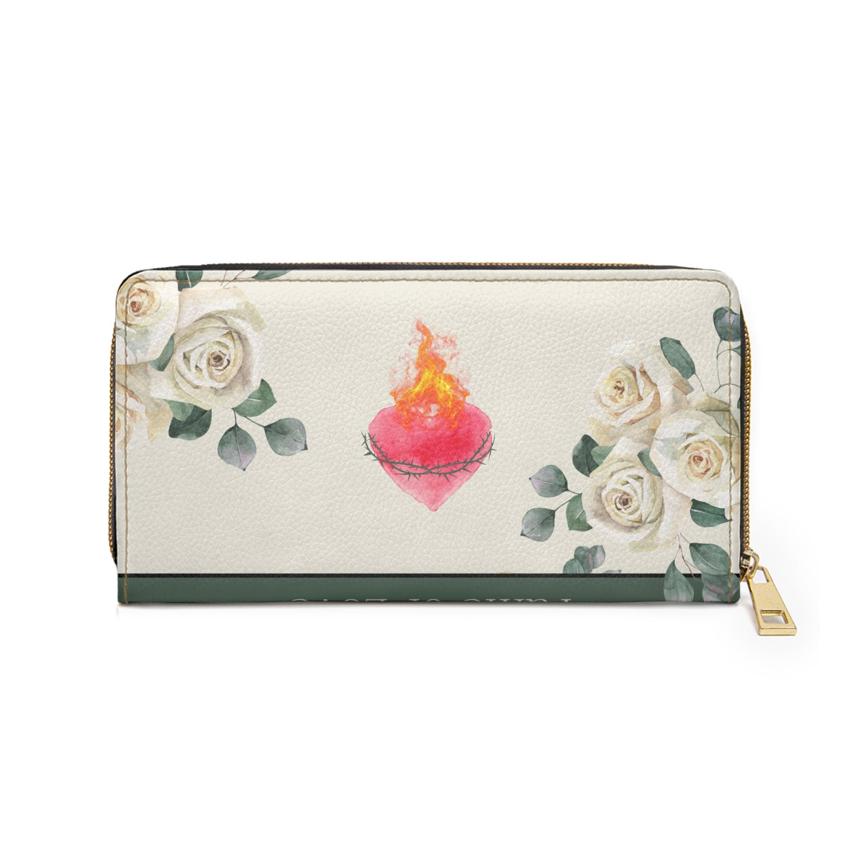 Flame of Love Elegant Floral Zipper Wallet with Sacred Heart Design