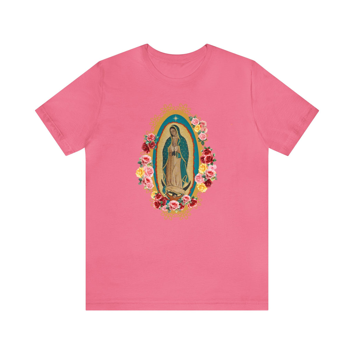 Our Lady of Guadalupe with roses Unisex Jersey Short Sleeve Tee