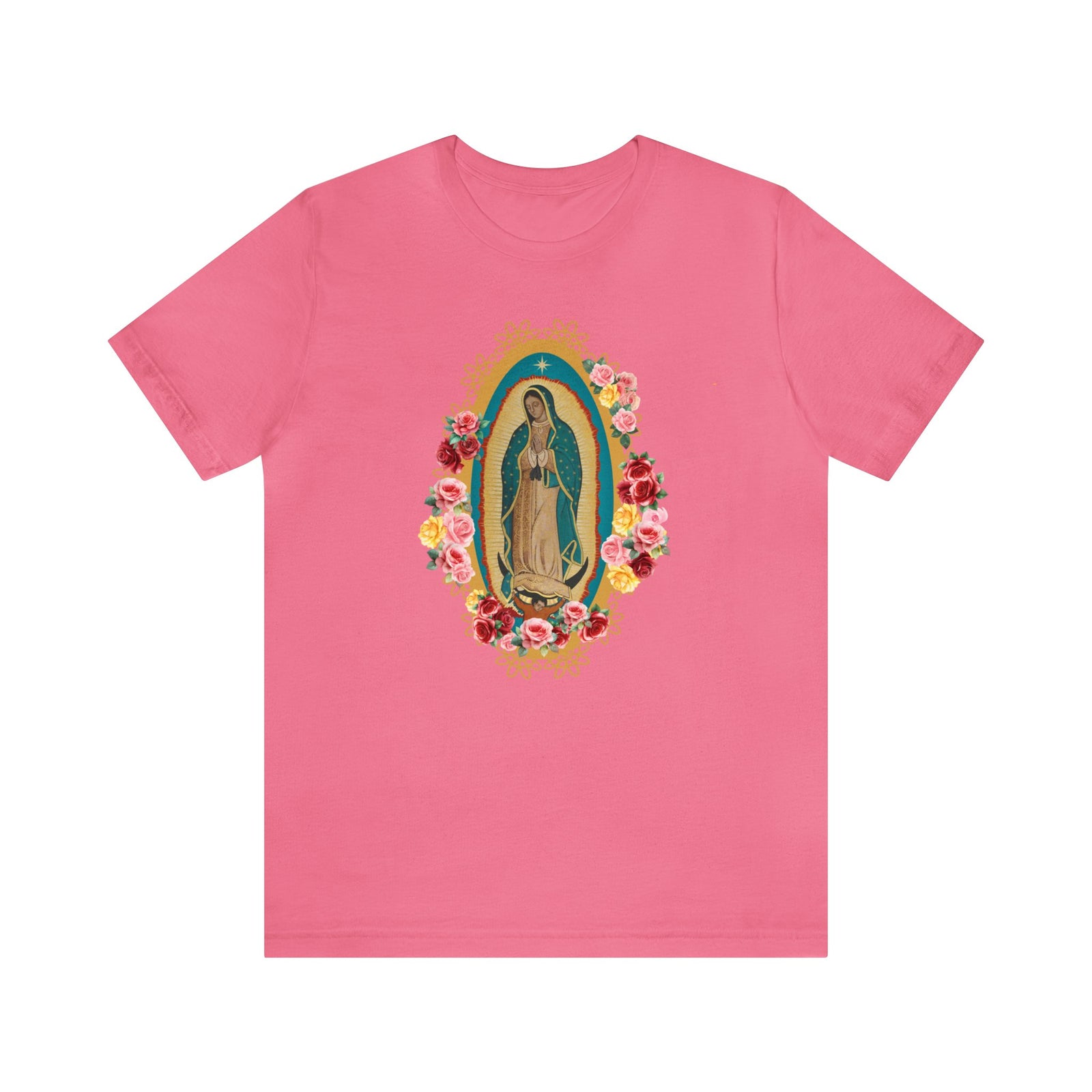 Our Lady of Guadalupe with roses Unisex Jersey Short Sleeve Tee