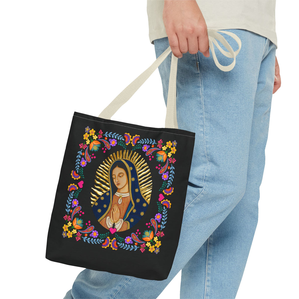 Vibrant Our Lady of Guadalupe Tote Bag for Faith and Inspiration, Prayer Bag, Religious Gift, Boho Floral Design, Eco-Friendly Shopping