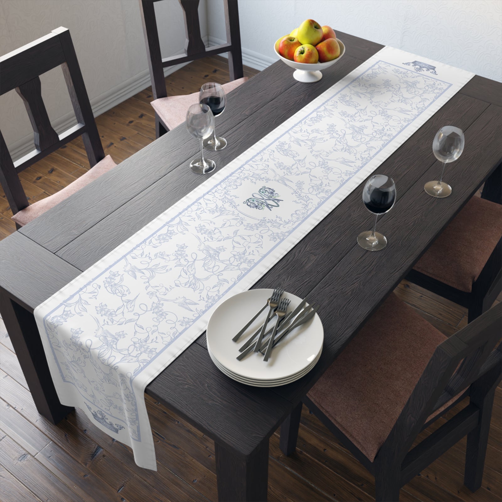 Ave Maria Blue Catholic Table Runner in Cotton Twill or Poly