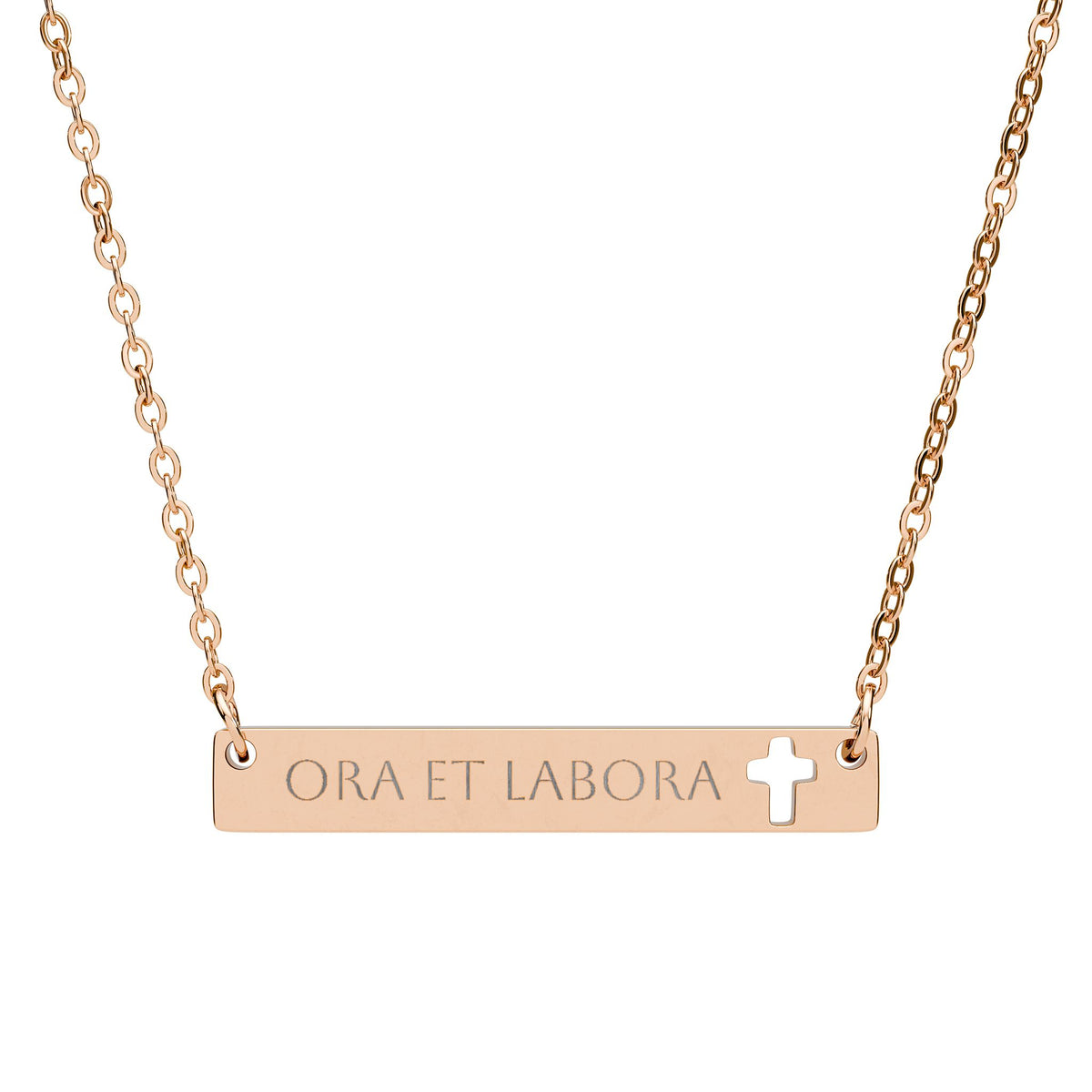 &quot;Ora et labora&quot; Engraved Cutout Cross Bar Necklace