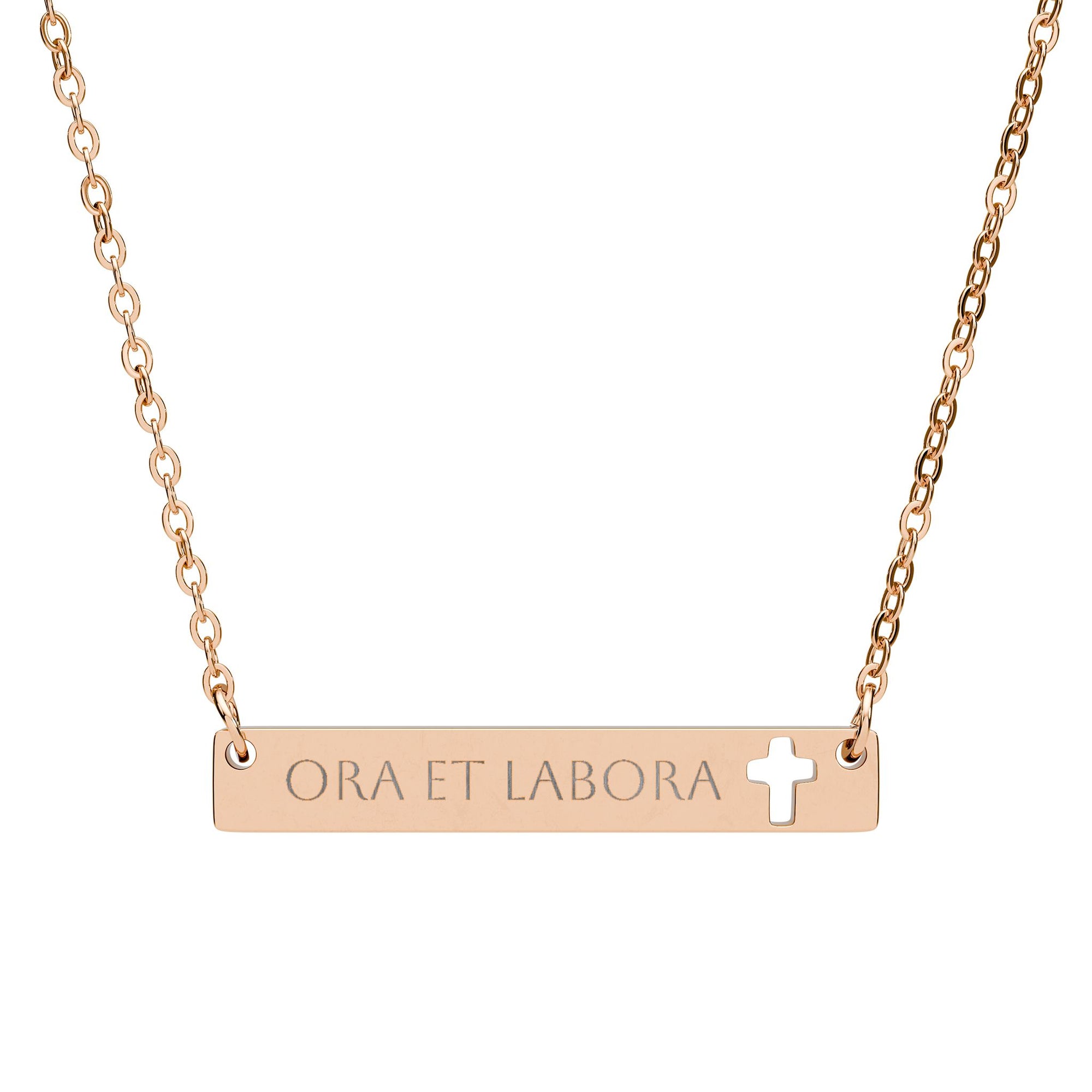 "Ora et labora" Engraved Cutout Cross Bar Necklace