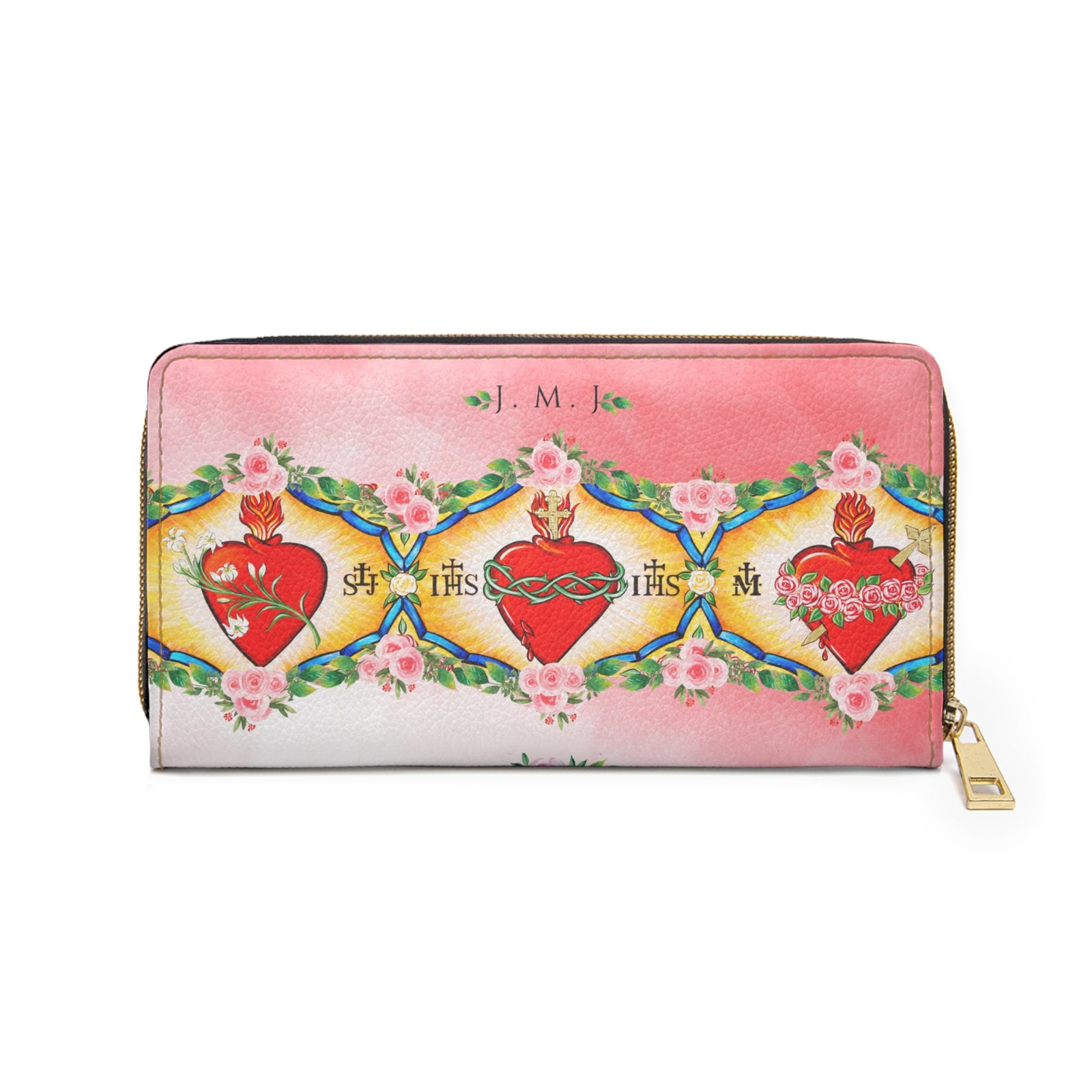 Jesus, Mary & Joseph Zipper Wallet -PINK-(Vegan Leather)