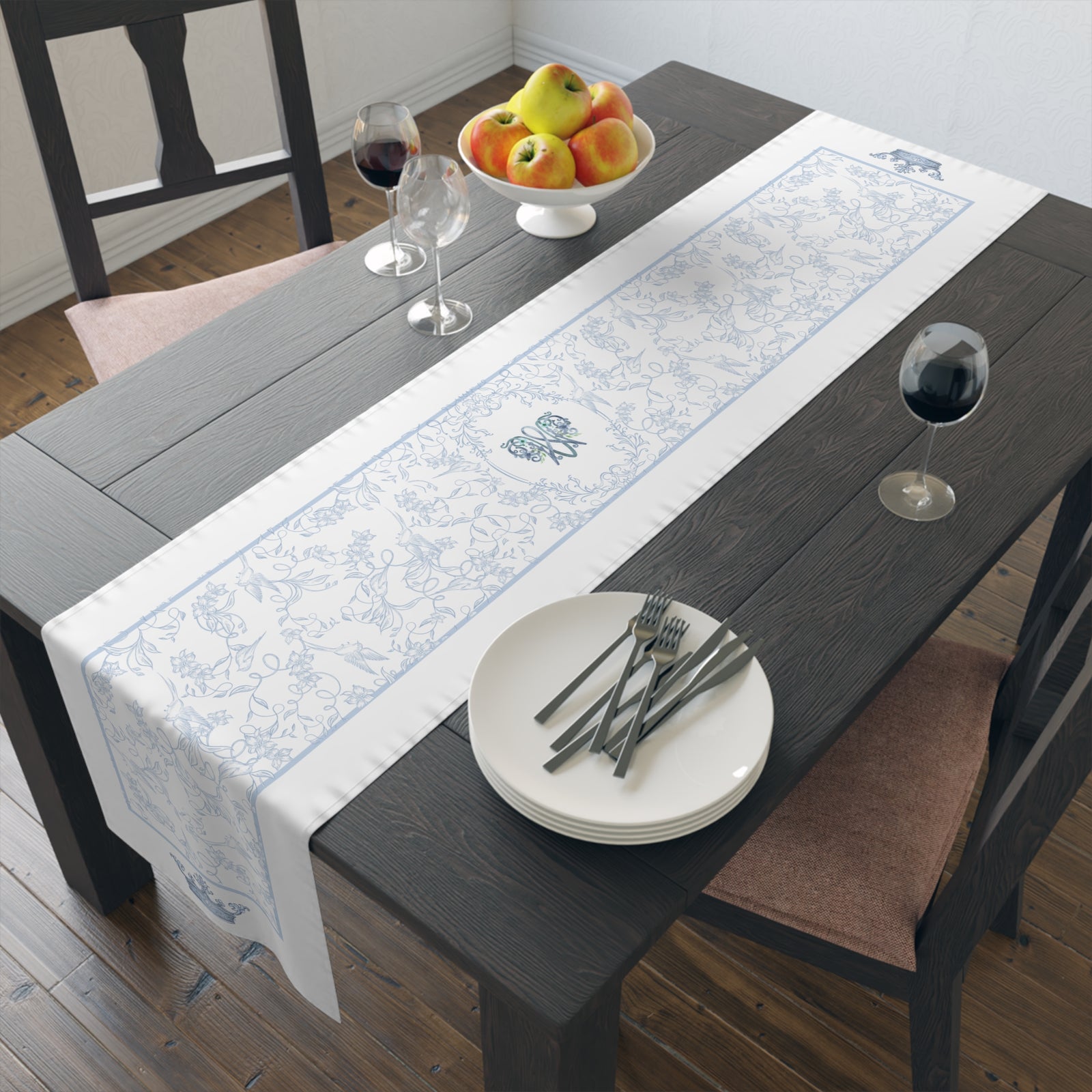 Ave Maria Blue Catholic Table Runner in Cotton Twill or Poly