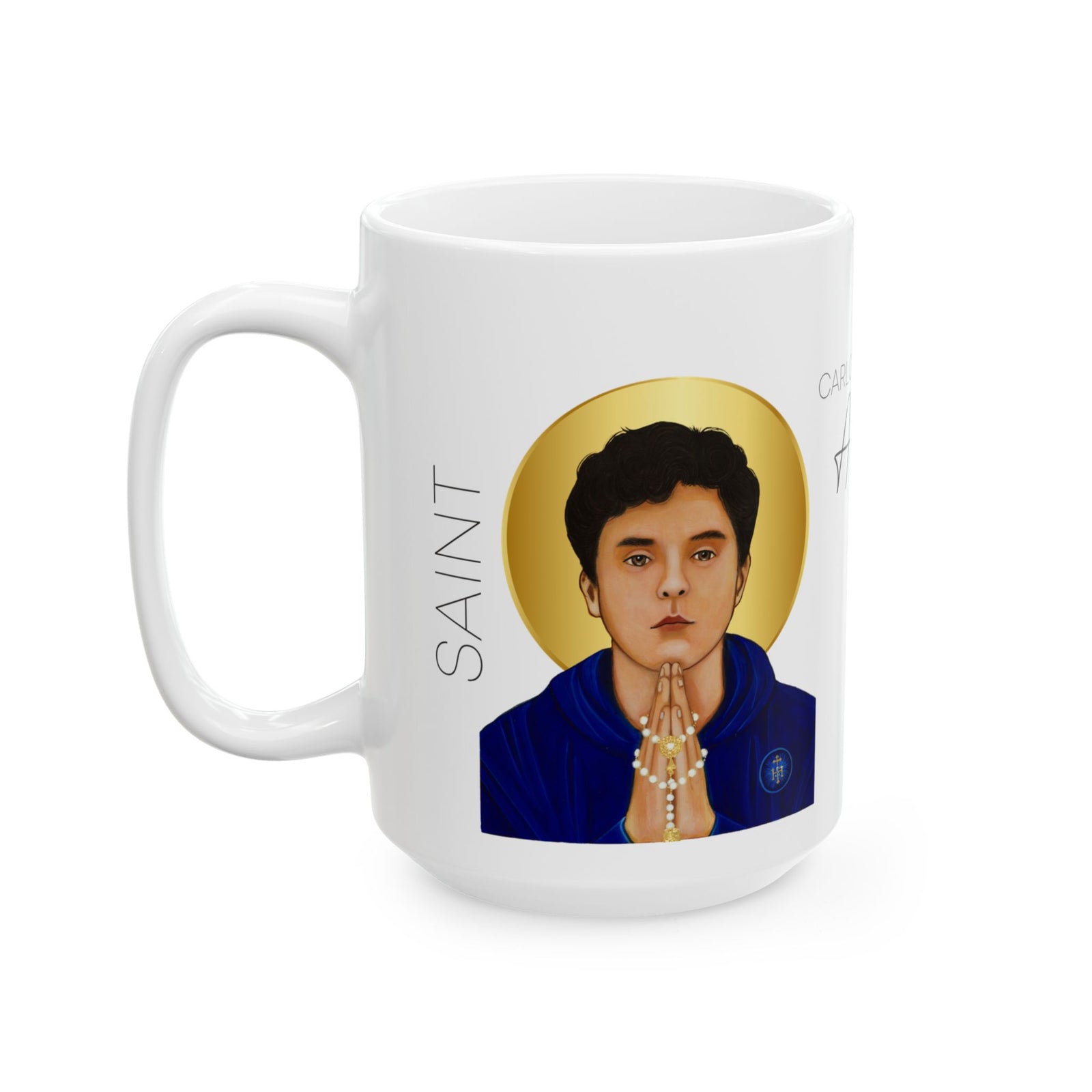 Saint Carlo Acutis Ceramic Mug — Inspirational Prayer Coffee Cup (15oz)