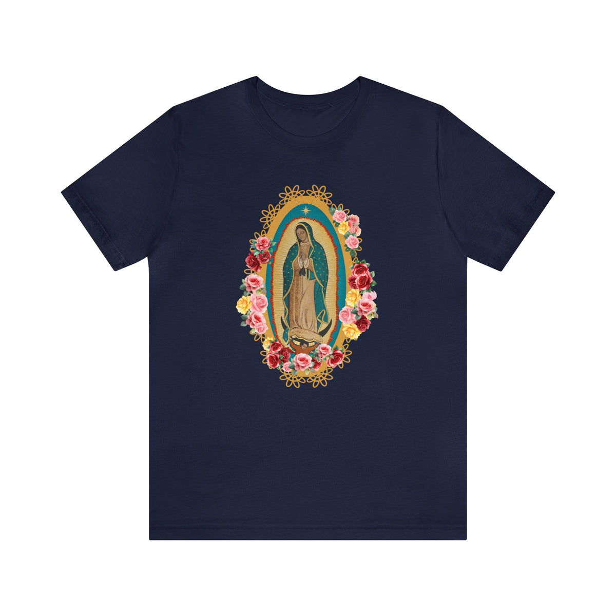 Our Lady of Guadalupe with roses Unisex Jersey Short Sleeve Tee