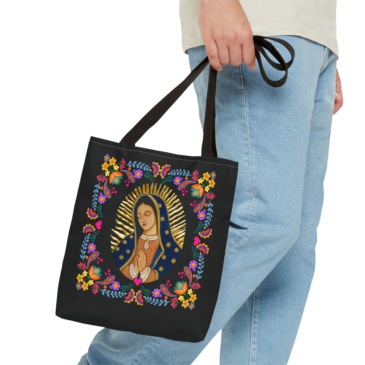Vibrant Our Lady of Guadalupe Tote Bag for Faith and Inspiration, Prayer Bag, Religious Gift, Boho Floral Design, Eco-Friendly Shopping