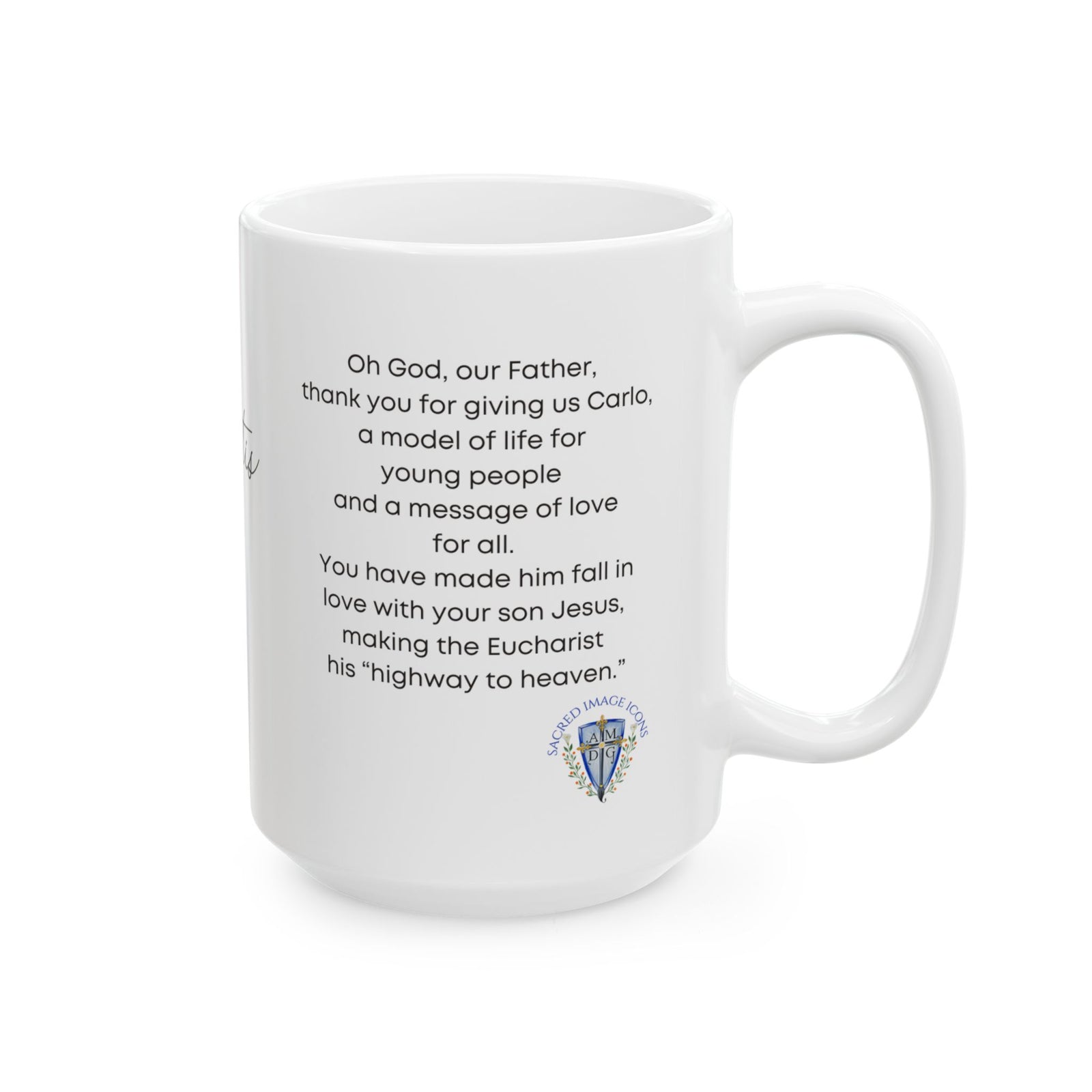 Saint Carlo Acutis Ceramic Mug — Inspirational Prayer Coffee Cup (15oz)