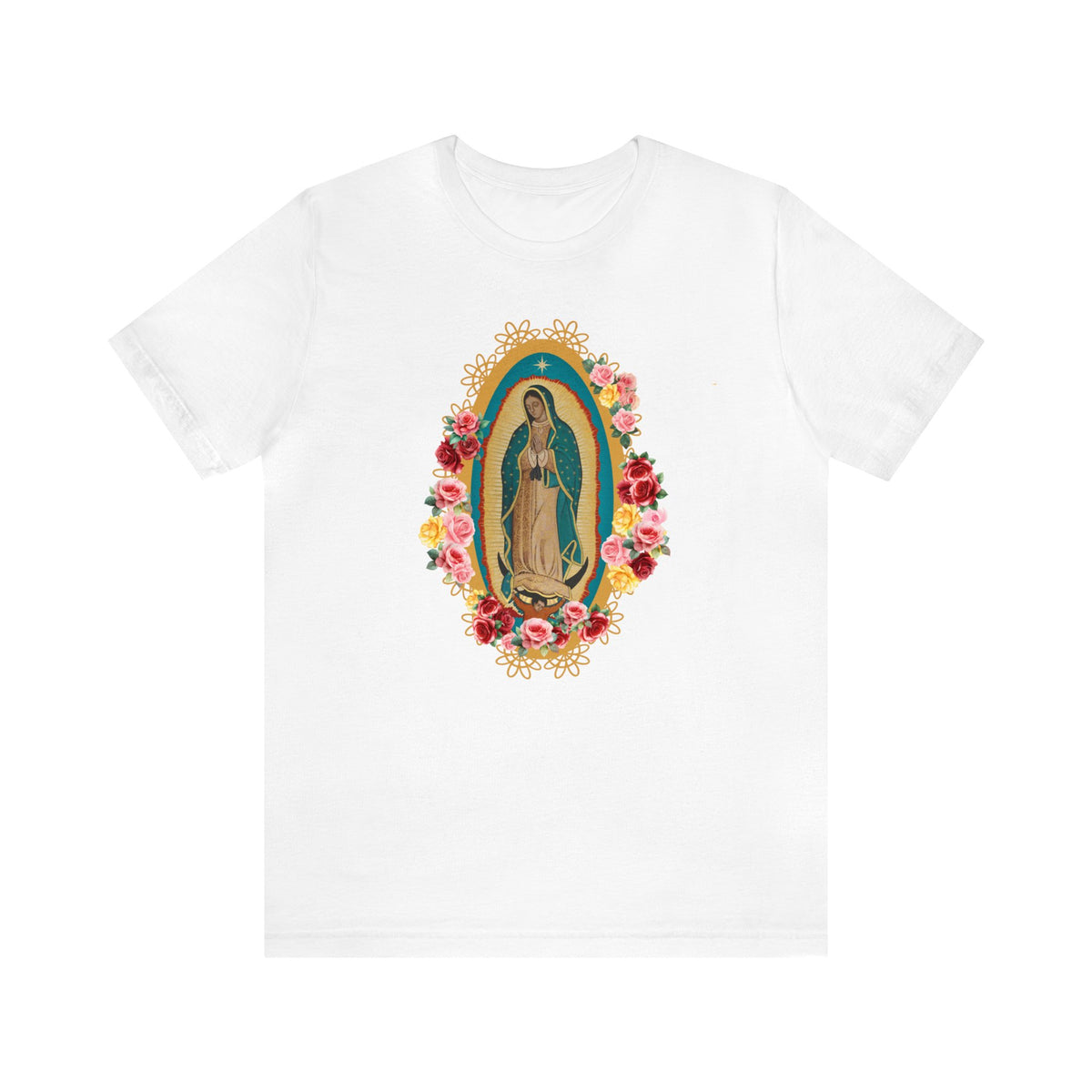 Our Lady of Guadalupe with roses Unisex Jersey Short Sleeve Tee