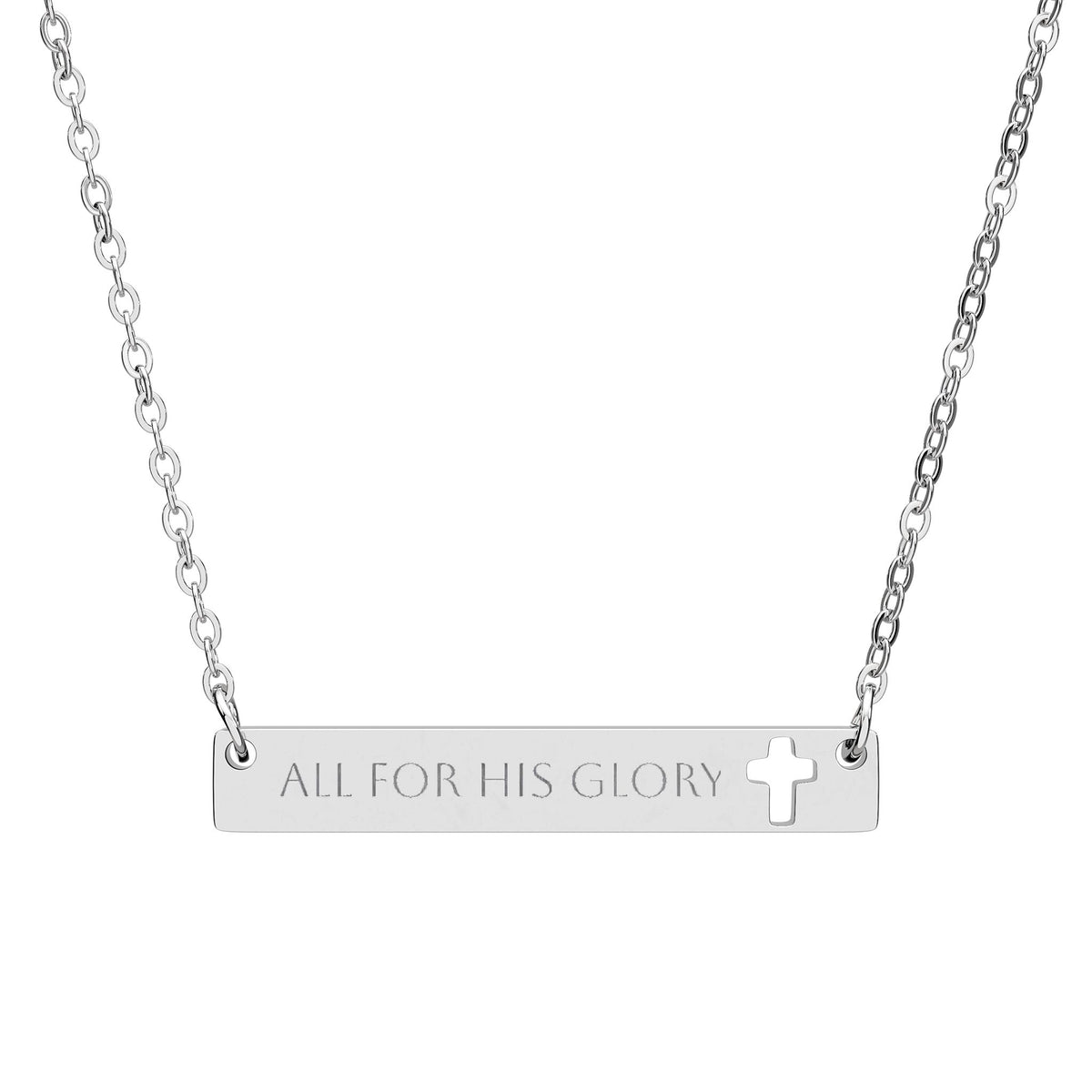 All For His Glory Engraved Cutout Cross Bar Necklace