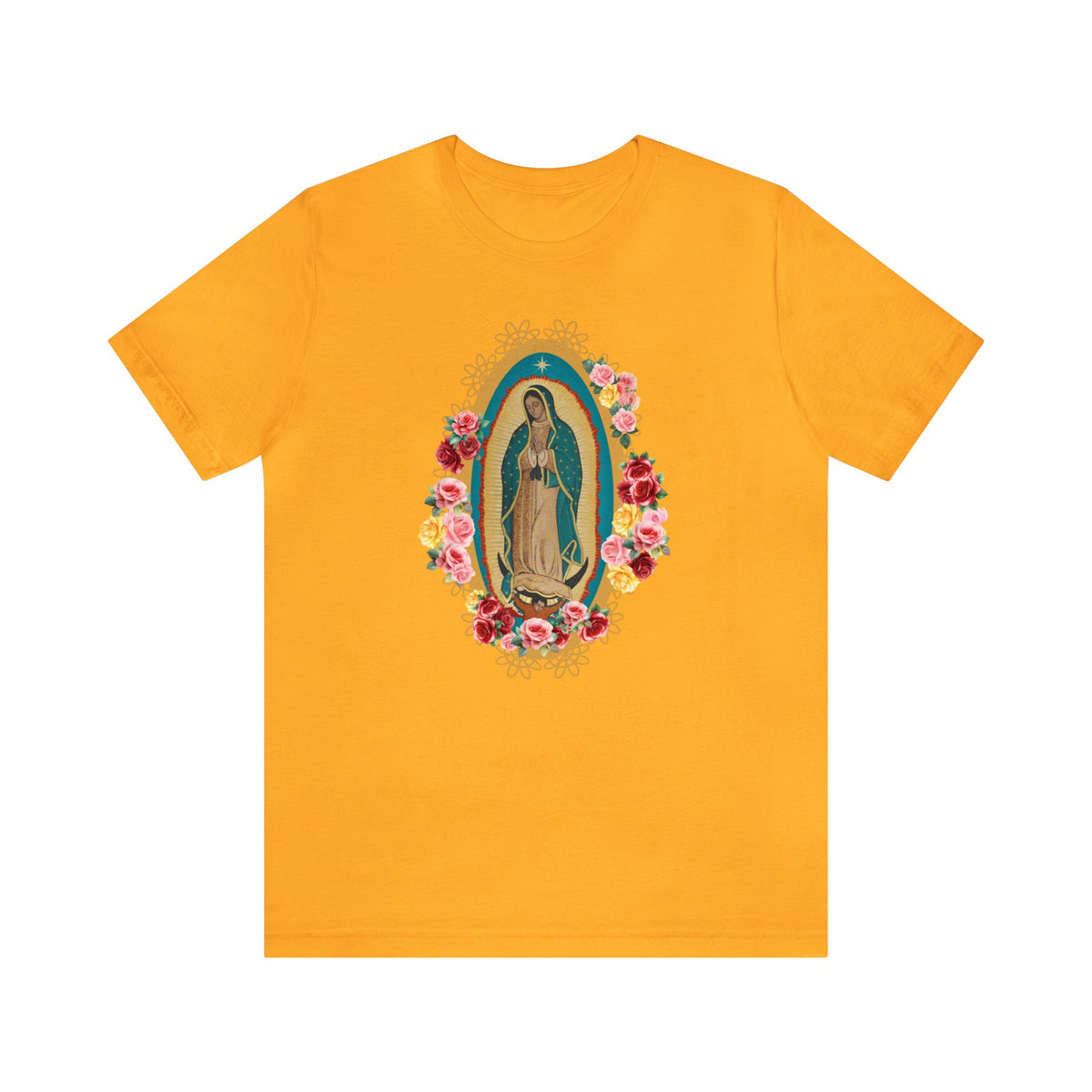 Our Lady of Guadalupe with roses Unisex Jersey Short Sleeve Tee