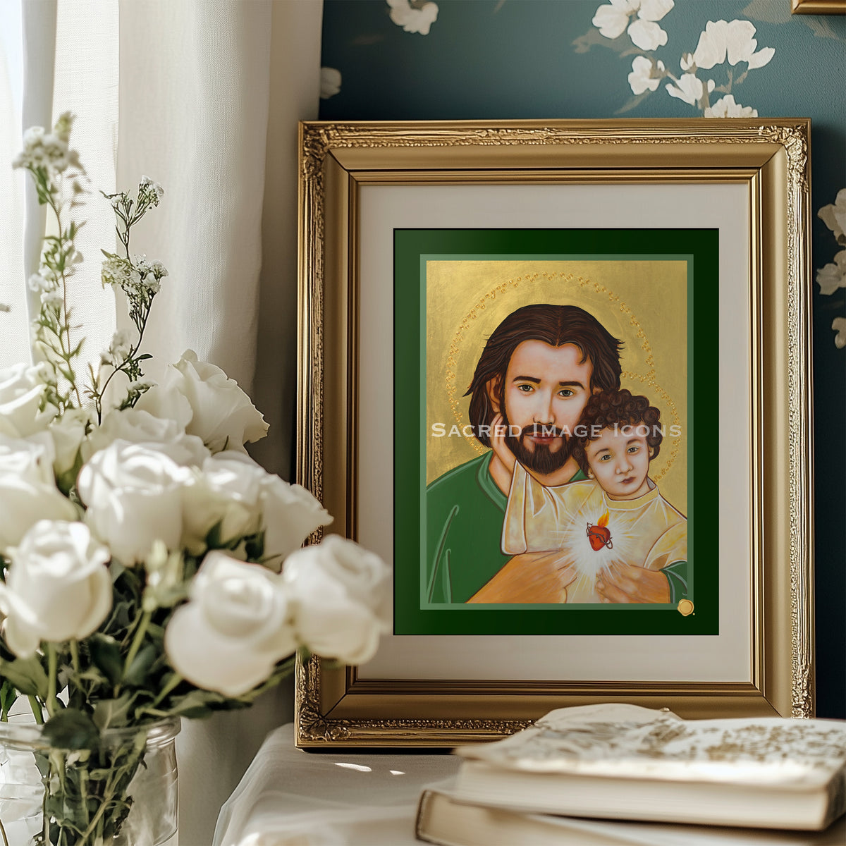 Saint Joseph and the Sacred Heart of Jesus Icon Print