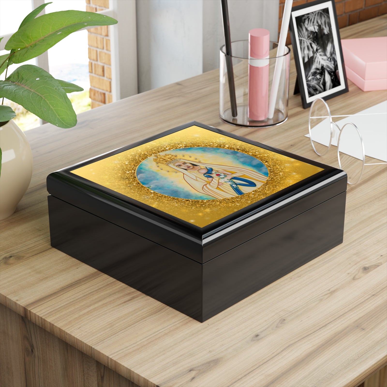 Religious Jewelry Box — Our Lady of Lourdes and the Baby Jesus Rosary Keepsake Box