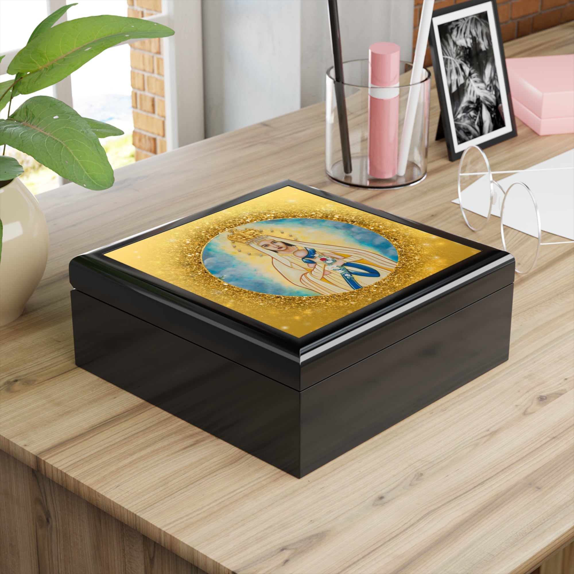 Religious Jewelry Box — Our Lady of Lourdes and the Baby Jesus Rosary Keepsake Box