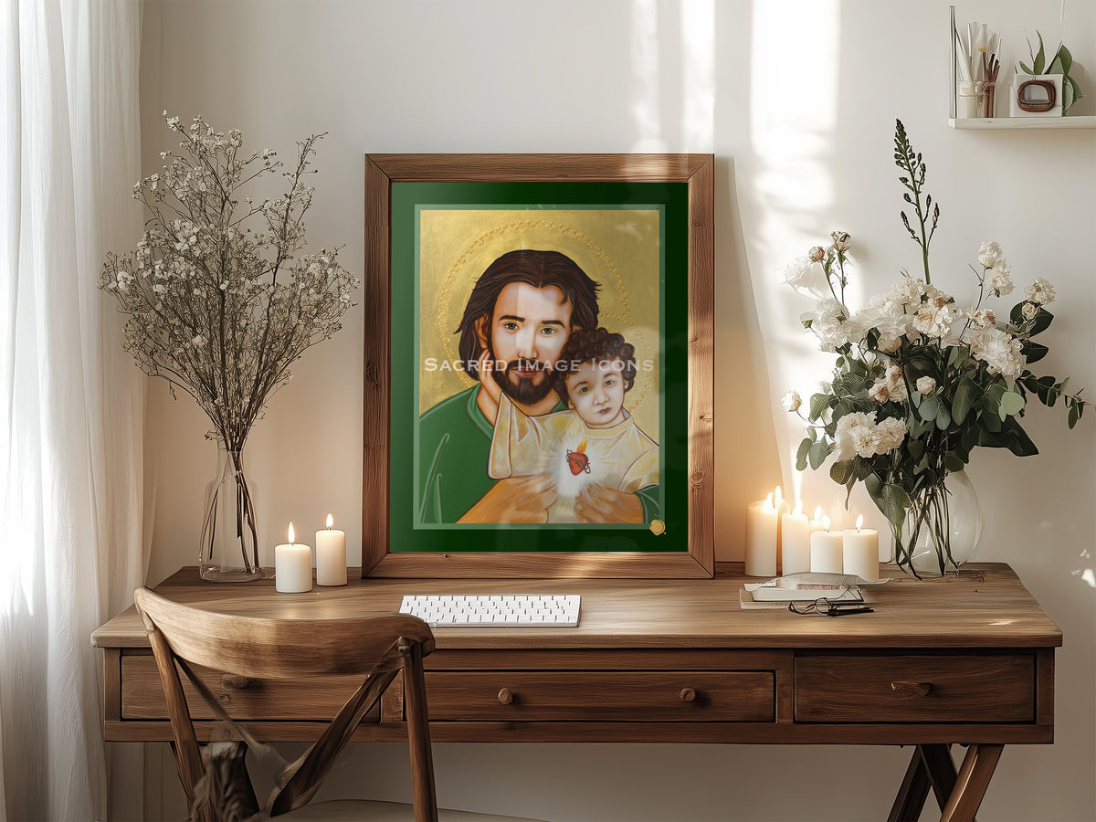 Saint Joseph and the Sacred Heart of Jesus Icon Print