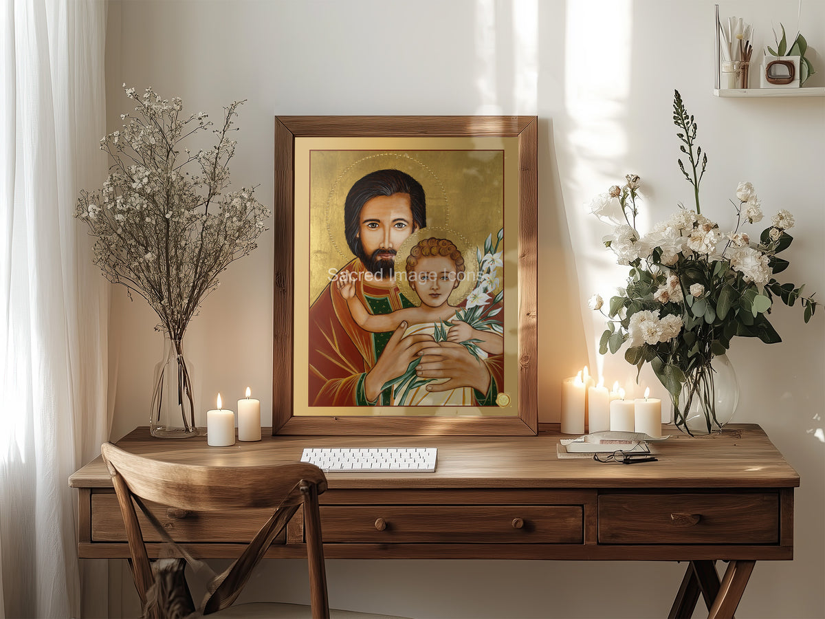 Saint Joseph and Baby Jesus Icon Print