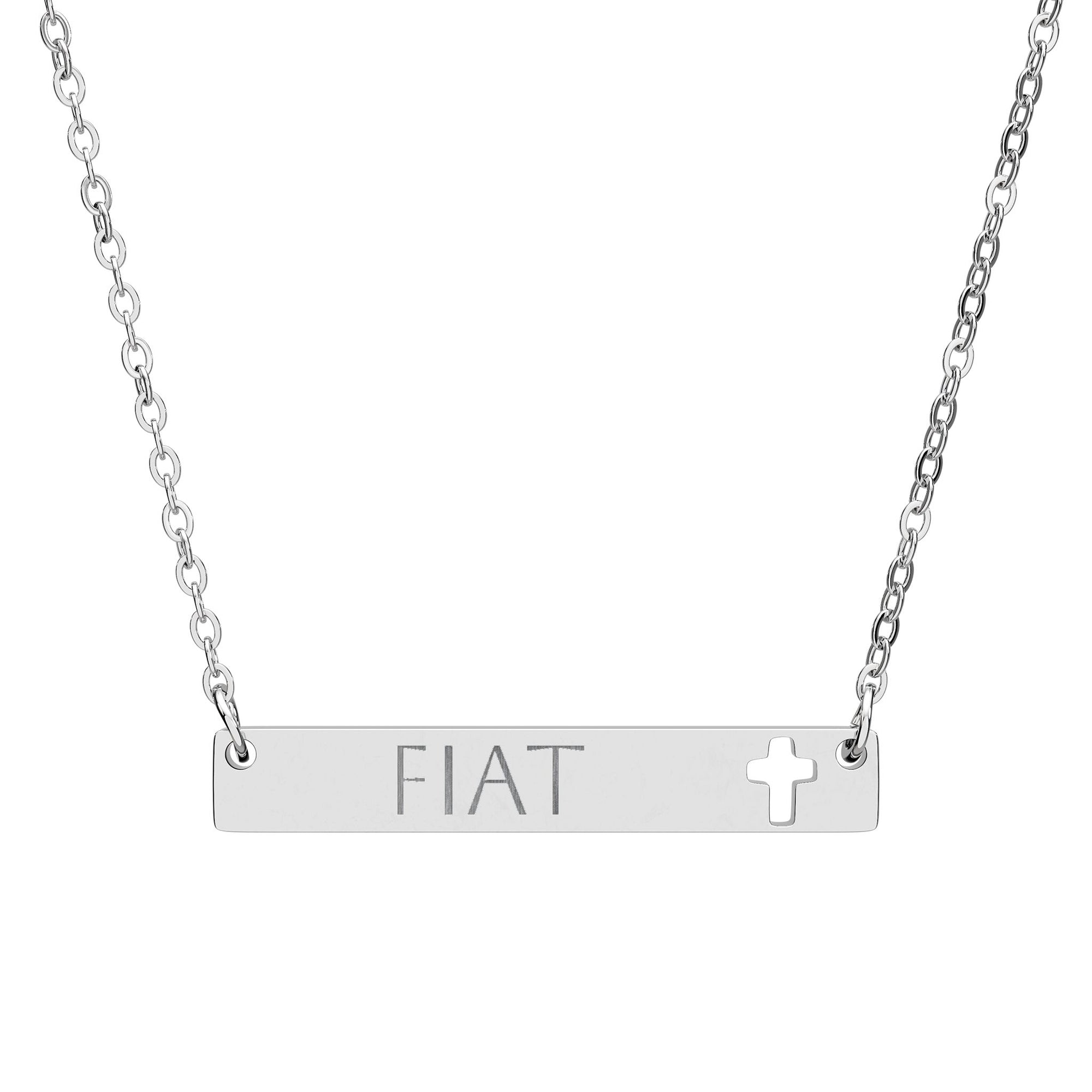 "Fiat" meaning "Let it be done" Engraved Cutout Cross Bar Necklace