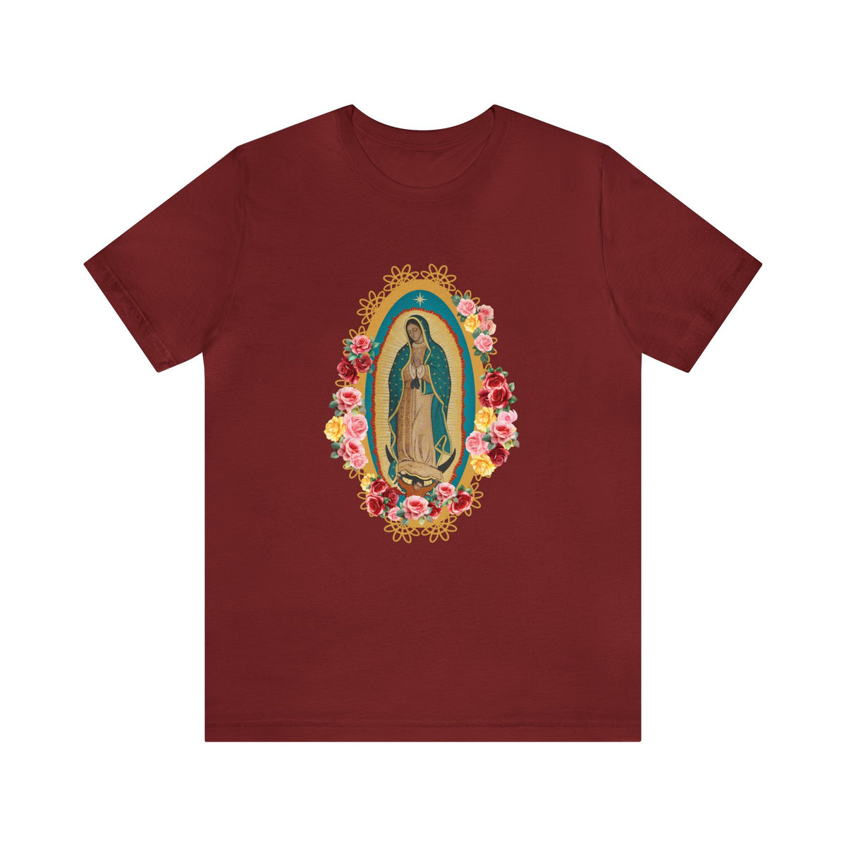 Our Lady of Guadalupe with roses Unisex Jersey Short Sleeve