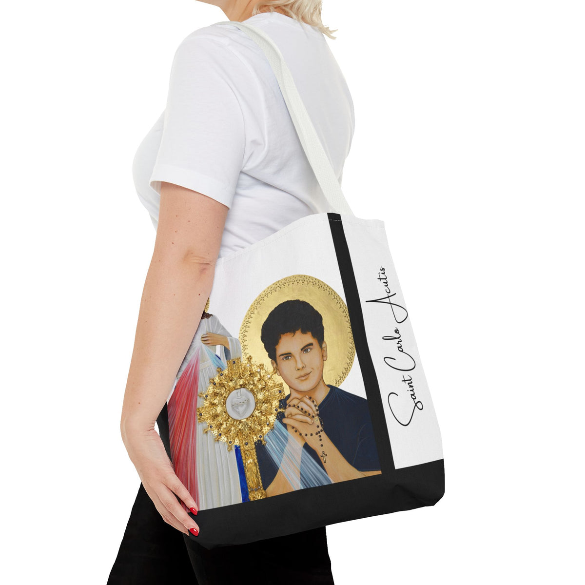 Saint Carlo Acutis and Divine Mercy Tote Bag