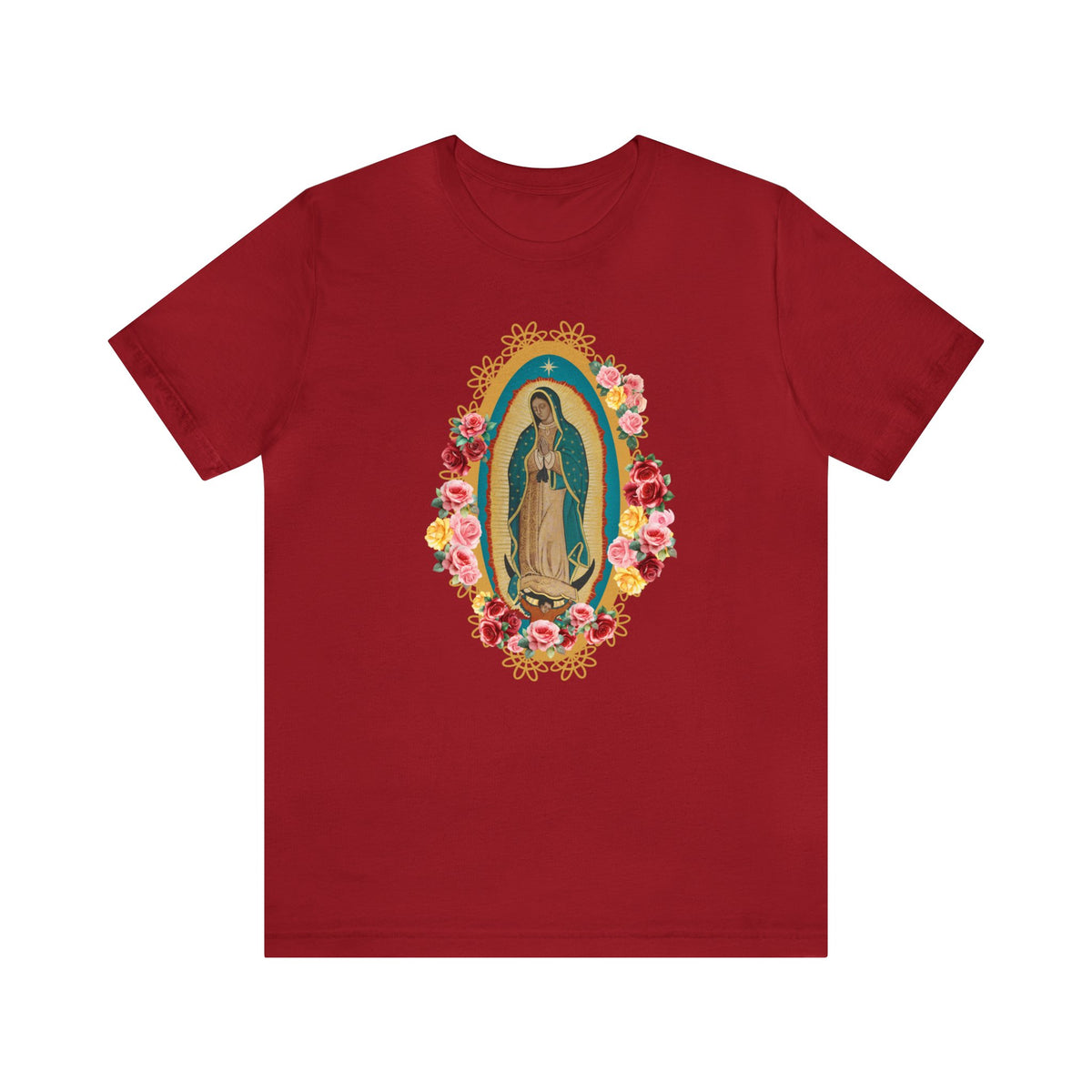 Our Lady of Guadalupe with roses Unisex Jersey Short Sleeve Tee