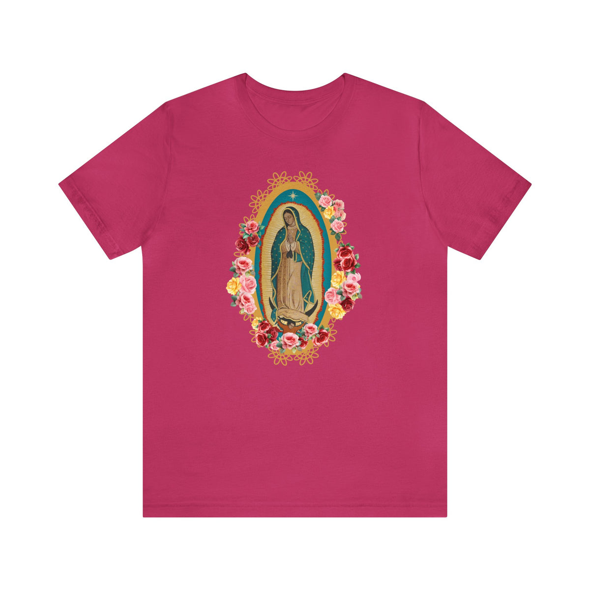 Our Lady of Guadalupe with roses Unisex Jersey Short Sleeve Tee