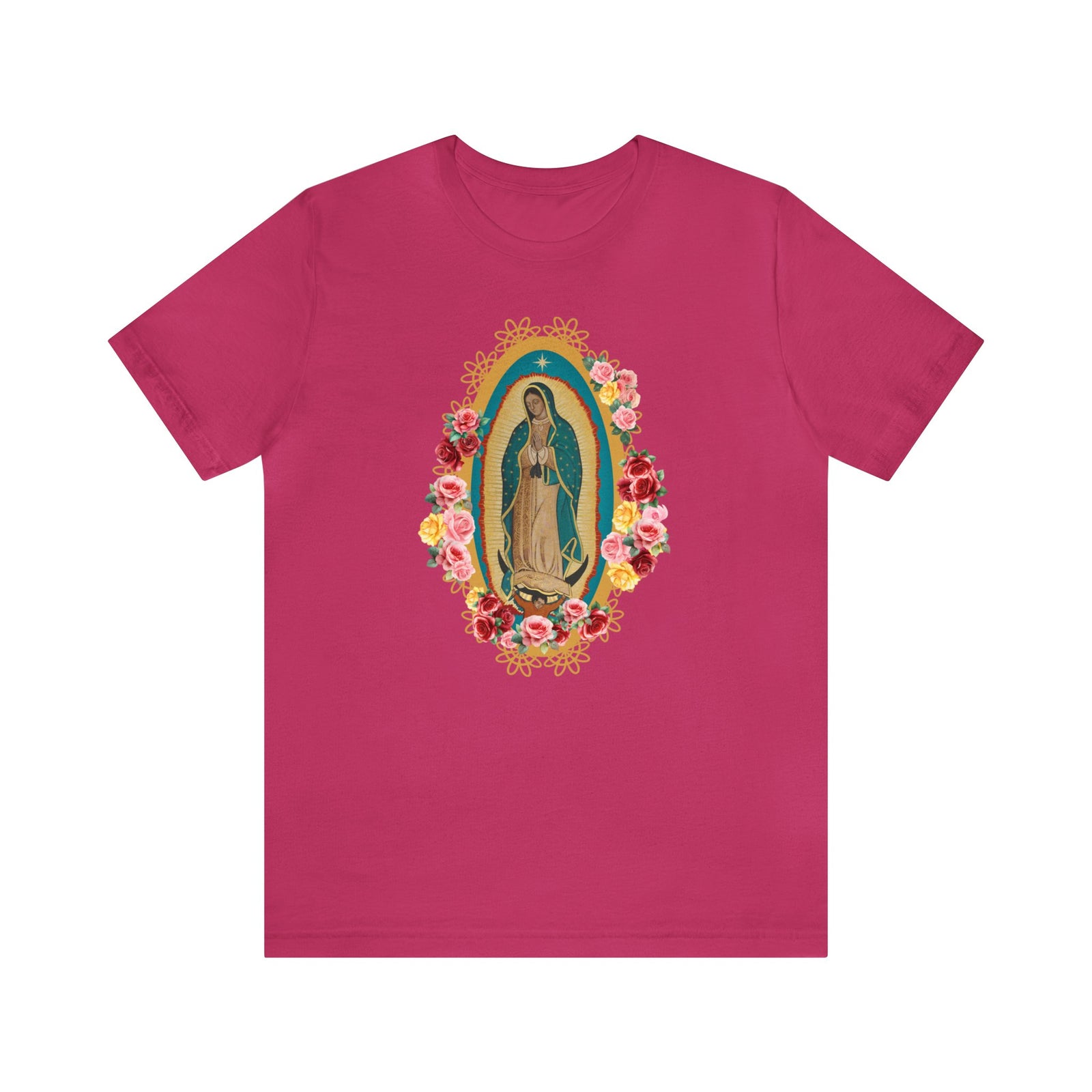 Our Lady of Guadalupe with roses Unisex Jersey Short Sleeve Tee