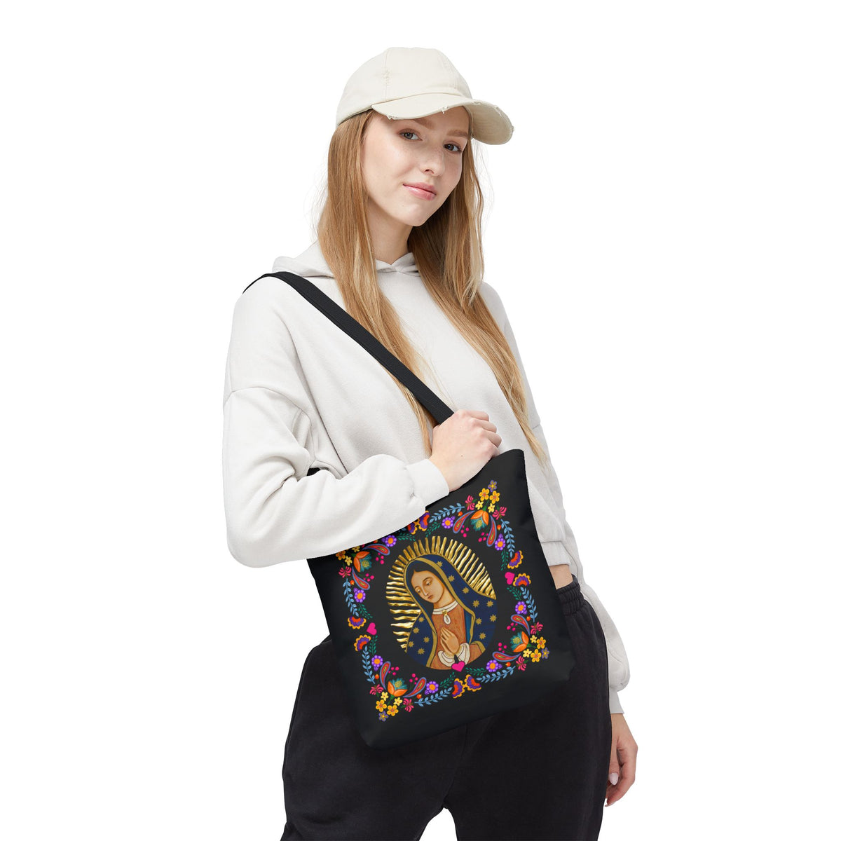 Vibrant Our Lady of Guadalupe Tote Bag for Faith and Inspiration, Prayer Bag, Religious Gift, Boho Floral Design, Eco-Friendly Shopping