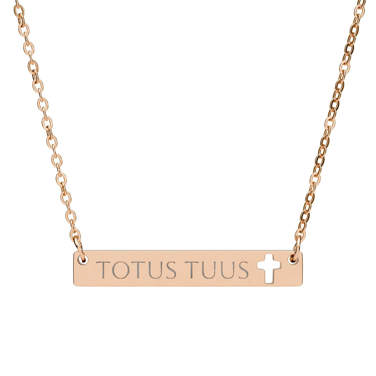 Totus Tuus Engraved Cutout Cross Bar Necklace