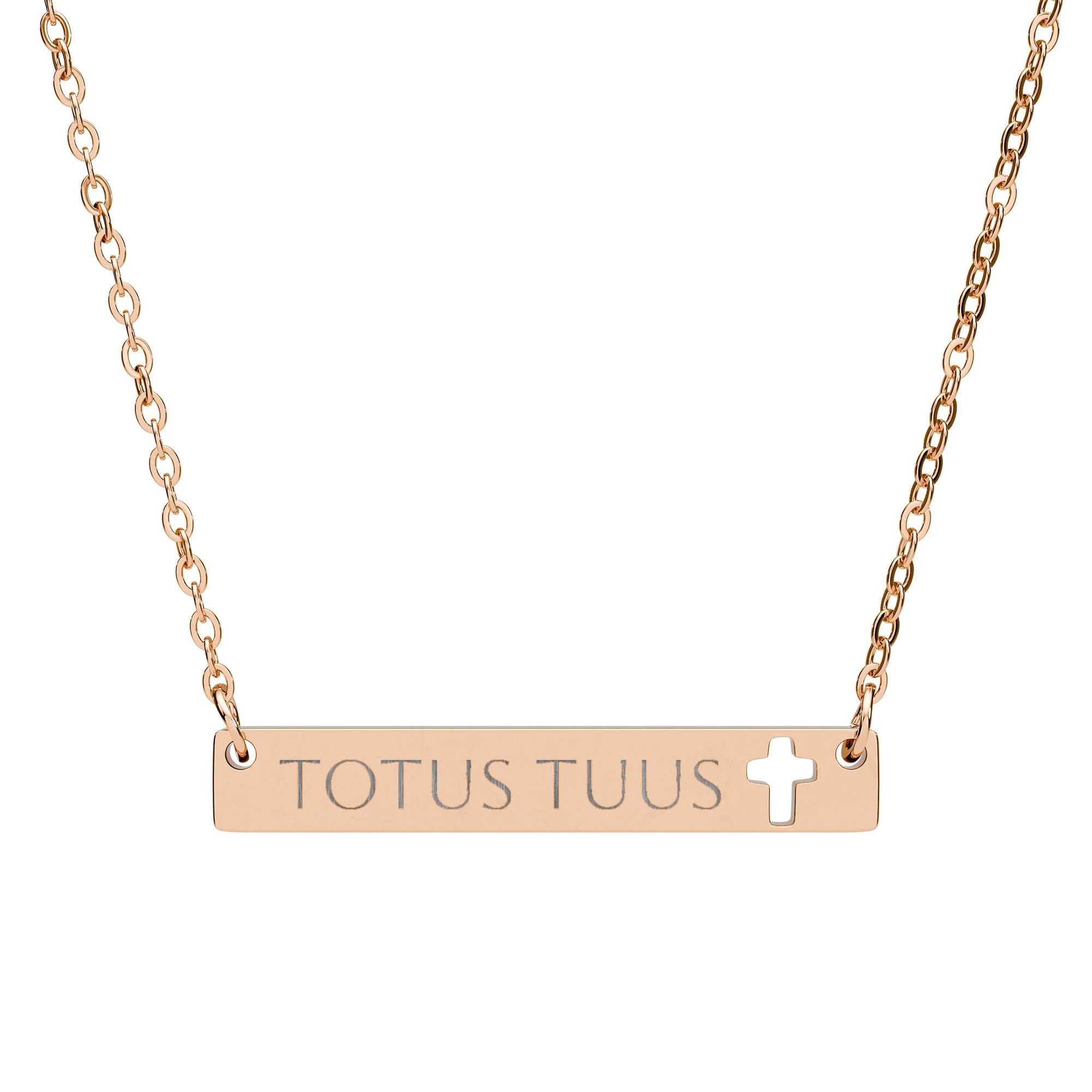 Totus Tuus Engraved Cutout Cross Bar Necklace