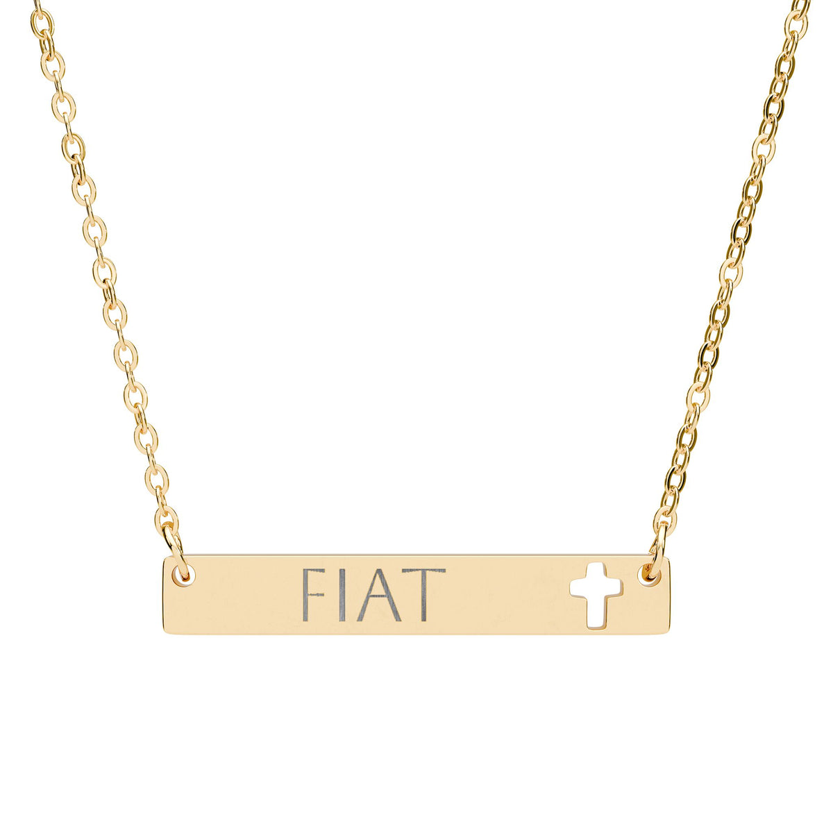 &quot;Fiat&quot; meaning &quot;Let it be done&quot; Engraved Cutout Cross Bar Necklace