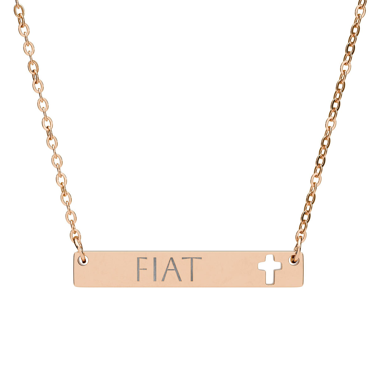 &quot;Fiat&quot; meaning &quot;Let it be done&quot; Engraved Cutout Cross Bar Necklace