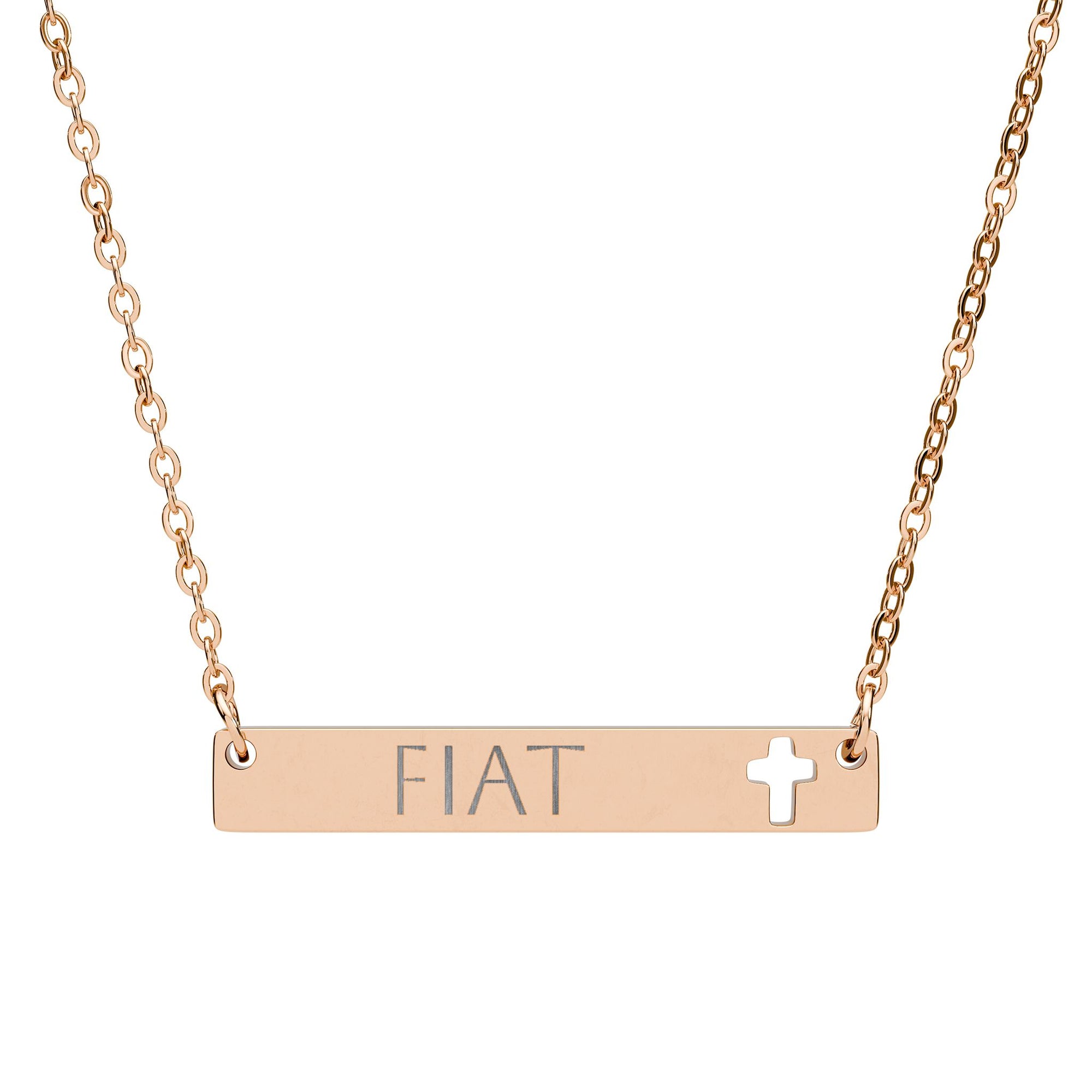 "Fiat" meaning "Let it be done" Engraved Cutout Cross Bar Necklace