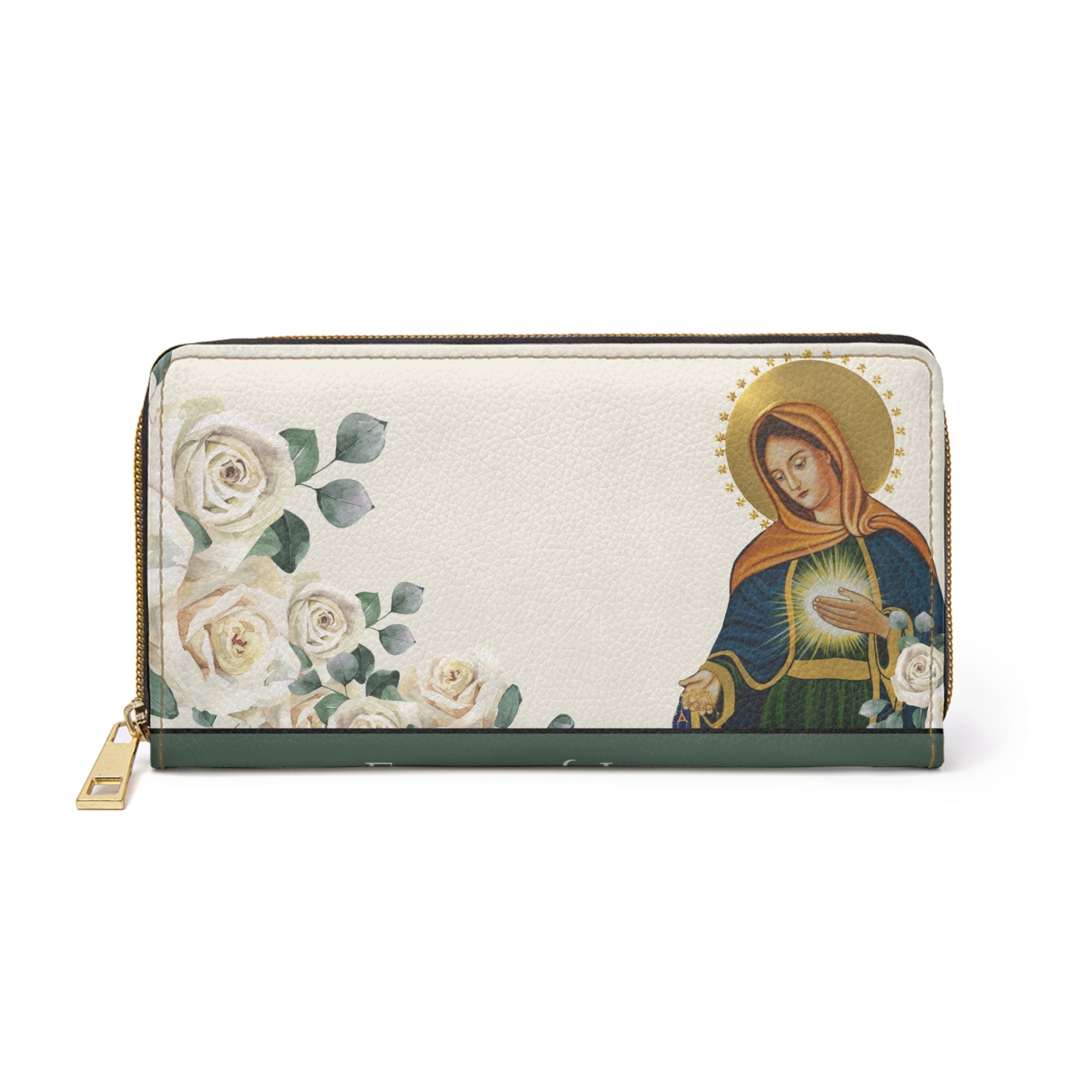 Flame of Love Elegant Floral Zipper Wallet with Sacred Heart Design