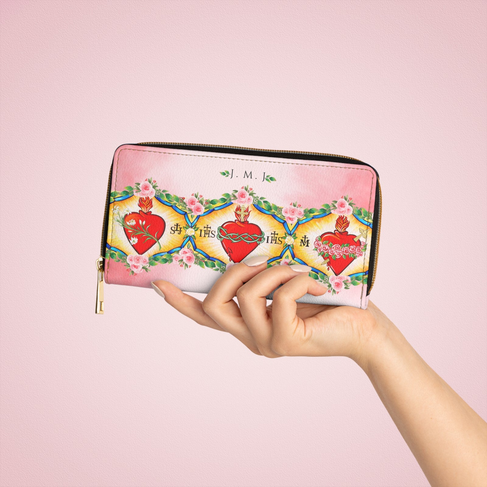 Jesus, Mary & Joseph Zipper Wallet -PINK-(Vegan Leather)