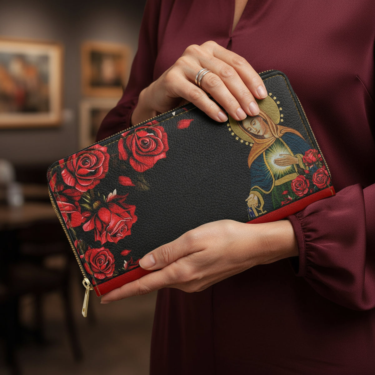 Flame of Love &amp; The Sacred Heart of Jesus Catholic Devotional Zipper Wallet