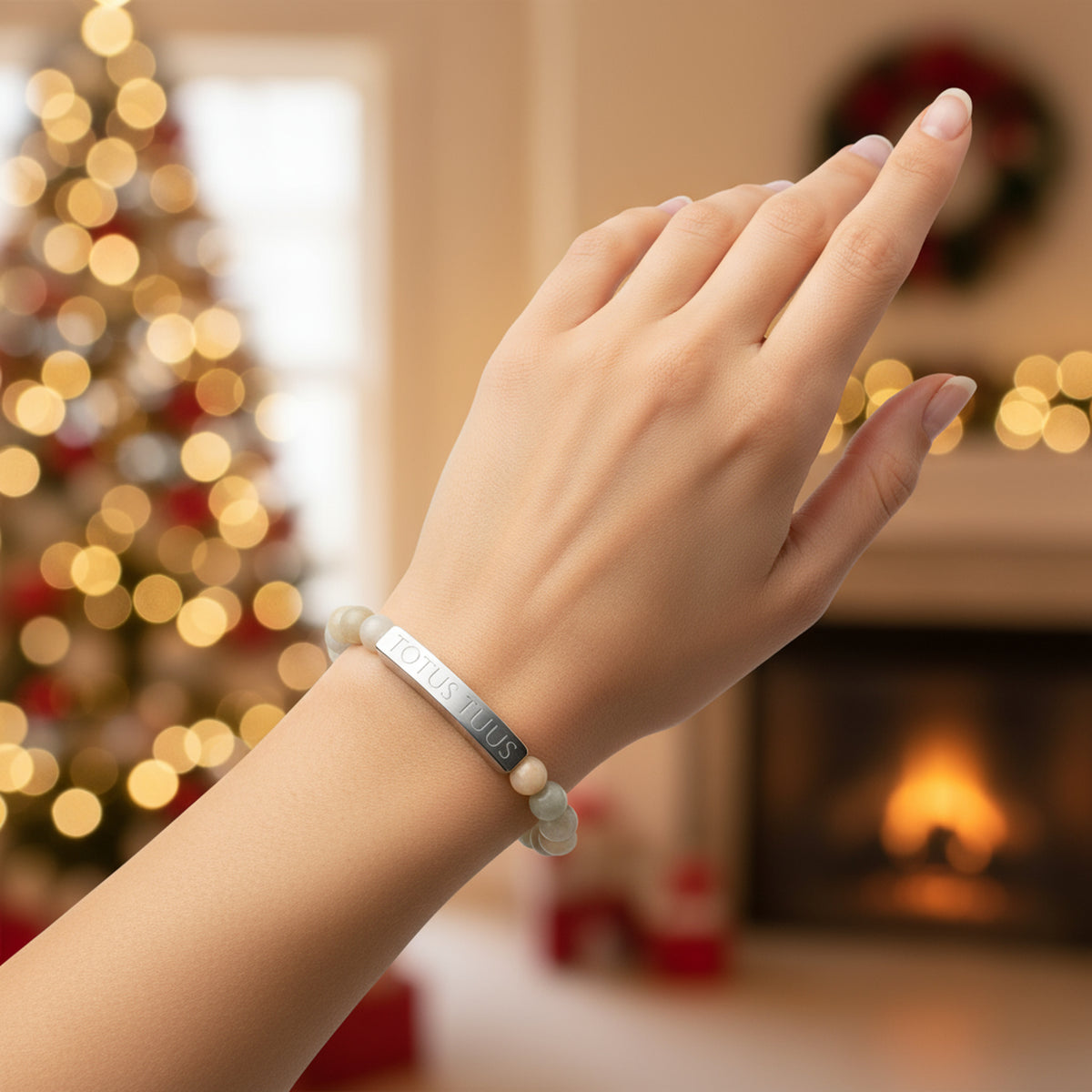 Totus Tuus Engraved Bracelet - Stainless or Gold with Natural Stone