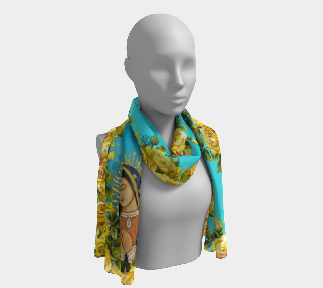Our Lady of Guadalupe Yellow and Turquoise  Scarf - Genuine Silk or Poly