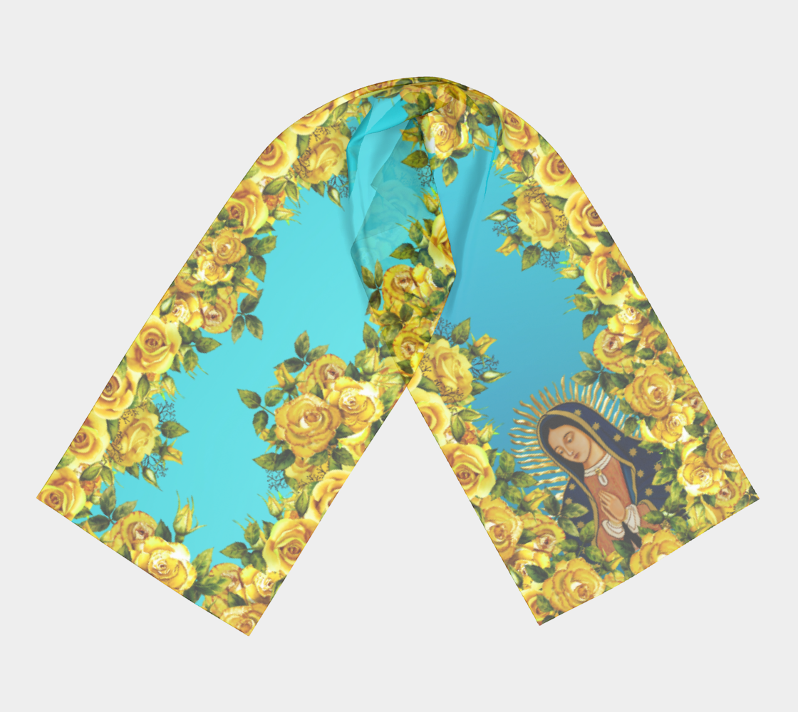 Our Lady of Guadalupe Yellow and Turquoise Scarf - Genuine Silk or Poly