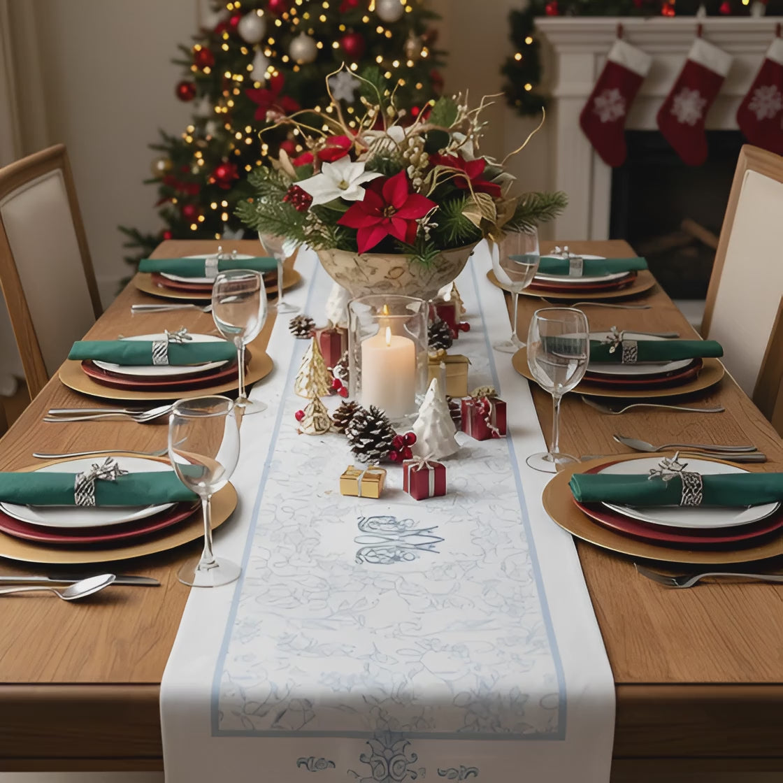 Ave Maria Blue Catholic Table Runner in Cotton Twill or Poly